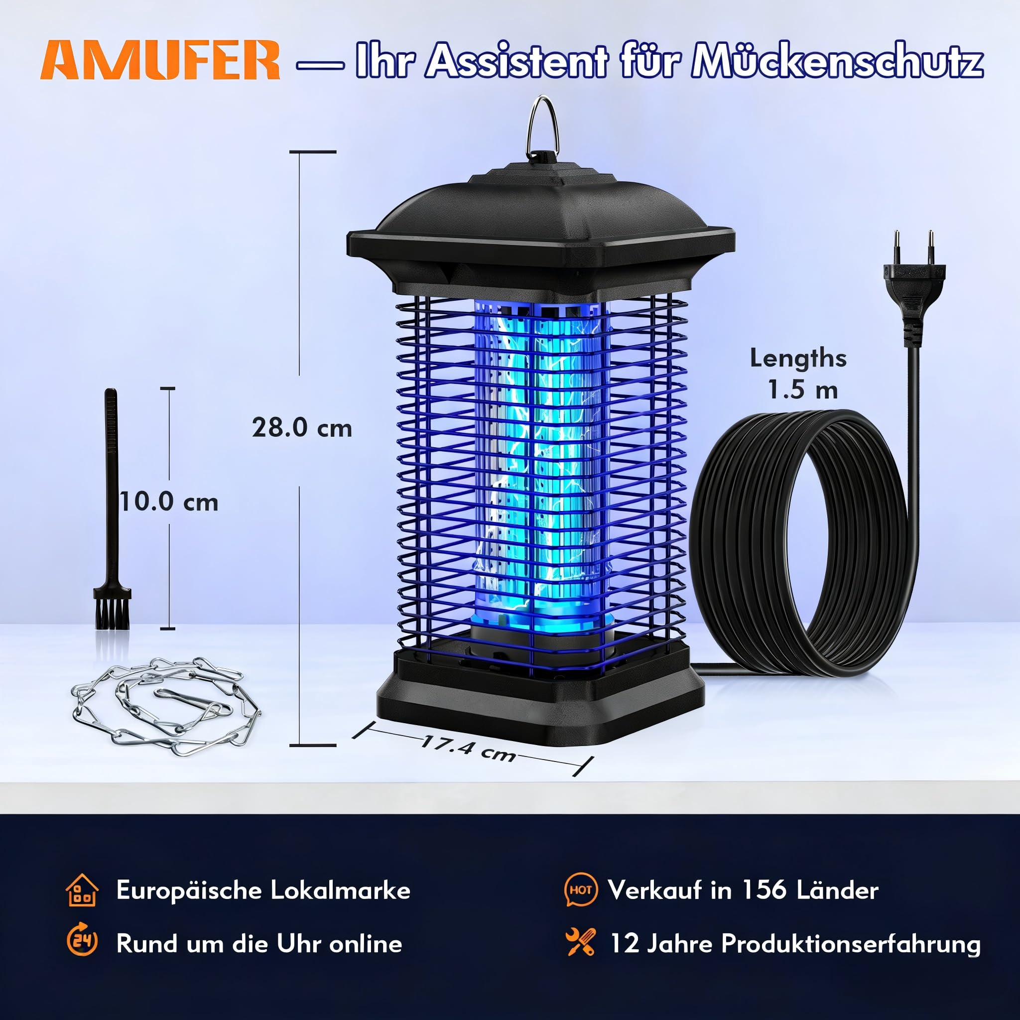 AMUFER Insektenvernichter elektrisch, Mückenfalle mit 18 W Leistung & 4400 V Voltstärke, 100% höhere Effizienz der Mückenbekämpfung, Mückenlampe Fliegenfalle für Garten, Schlafzimmer, Gastronomie