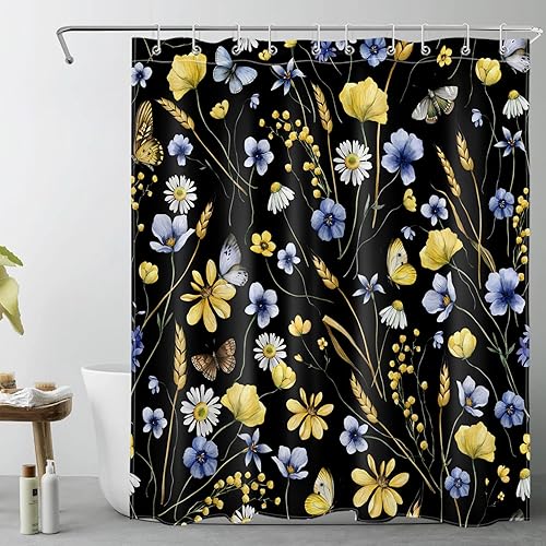 Miniatura 8 de EOBTAIN Cortina de ducha de flores silvestres amarillas para baño, cortina de ducha azul floral y mariposa sobre blanco con 12 ganchos, juego de