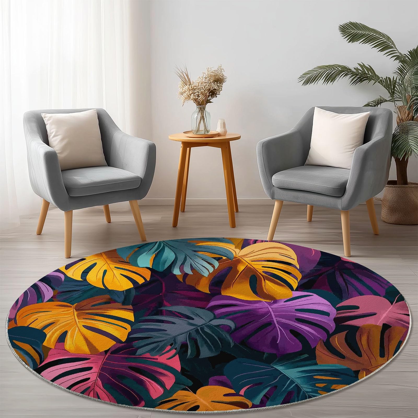 Generisch Teppiche für Wohnzimmer Rund, Abstrakte Tropische Blätter Drucken Teppich Schlafzimmer Groß Flanell Flauschig Weich rutschfest Fußmatte Waschbar für Kinderzimmer, Durchmesser 100 cm, Bunt