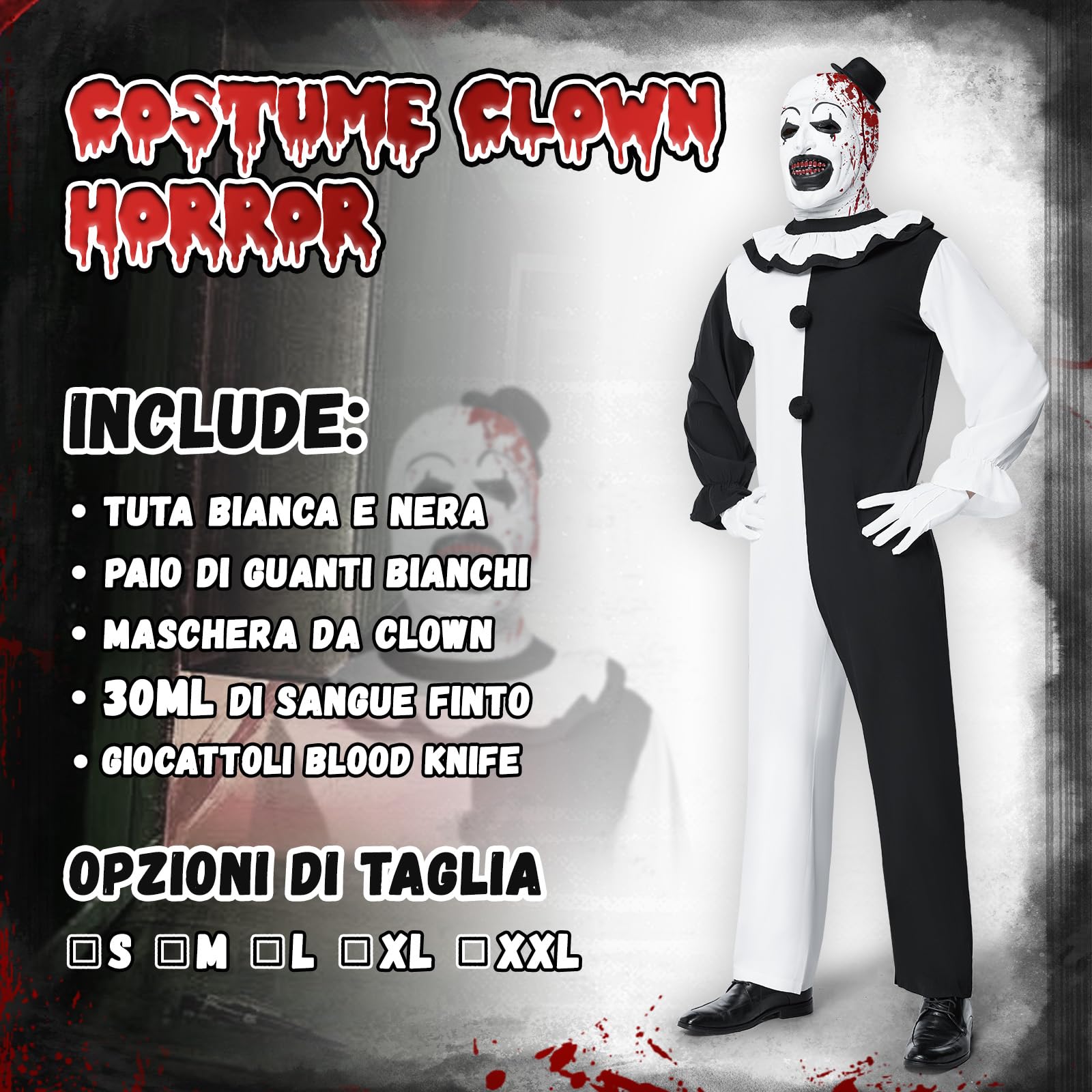 Costume Art the Clown Uomo, Costume Clown Horror Halloween Kit di Travestimento Clown Terrifier Uomo con Tuta Bianca Nera e Maschera Cappello Clown Terrifier per Halloween Carnevale