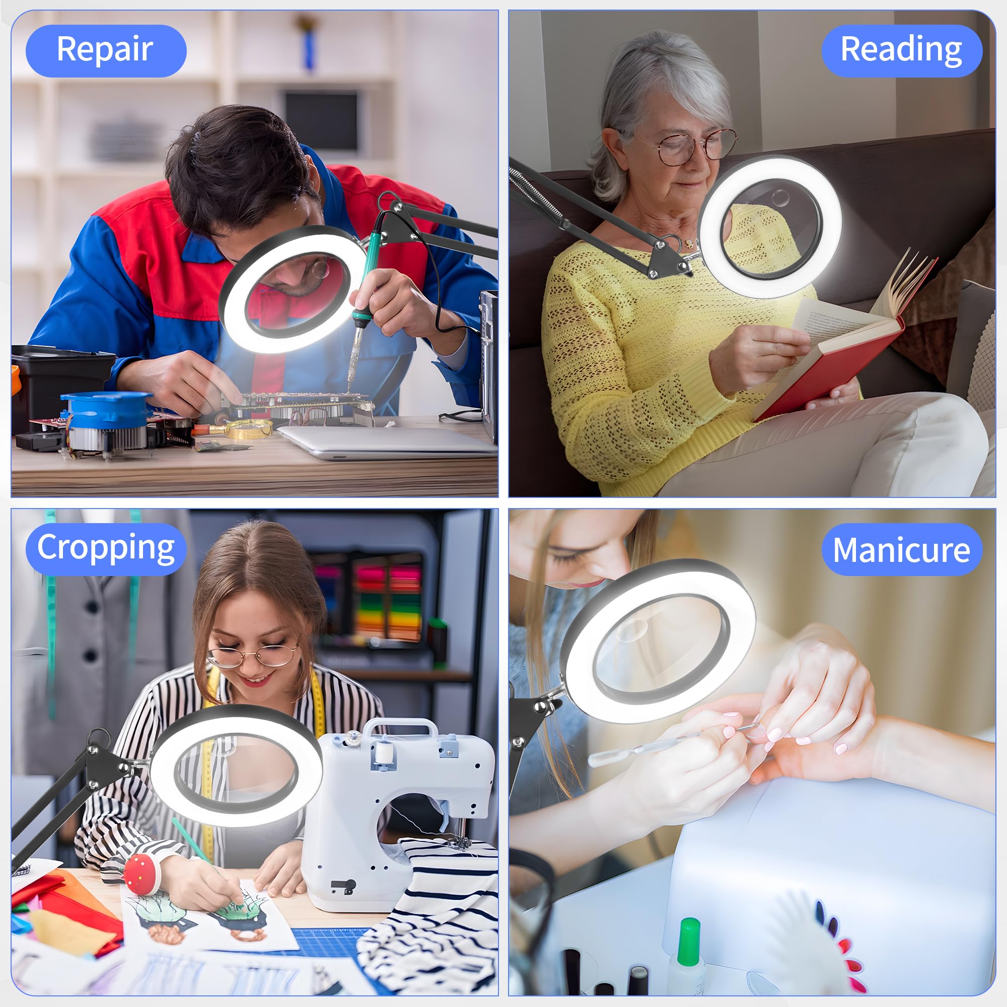 Loupe 15x 10x avec lumière et support, lampe de bureau 2 en 1 avec pince et base, 3 modes de couleur à intensité variable avec bras oscillant, lampe loupe éclairée par LED pour lecture, réparation,