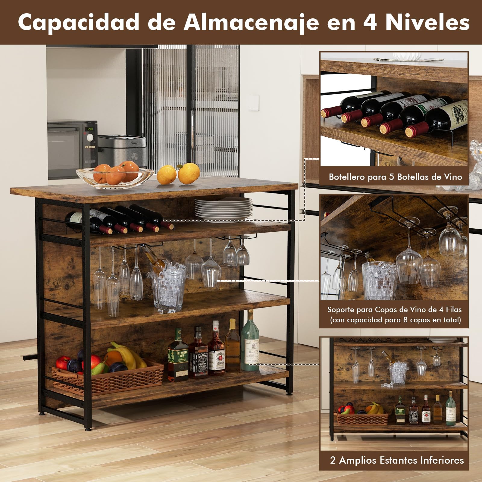 COSTWAY Mesa Barra Cocina Alta, Armario de Barra de Licor de 4 Niveles con 3 Estantes Abiertos, Soportes para Vino y Copas, Isla de Cocina con Reposapiés y Almohadillas Ajustables para Pies (Marrón)