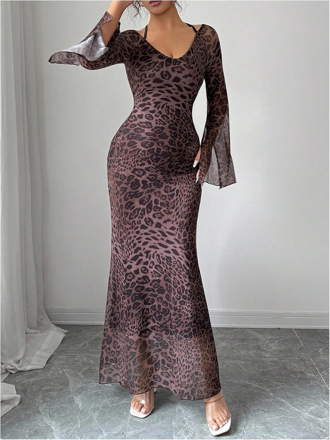 Women's Y2k Leopard Bodycon Dress Cheetah Mesh Tie Back Bell Sleeve Fishtail Maxi Party Dresses - Image 5