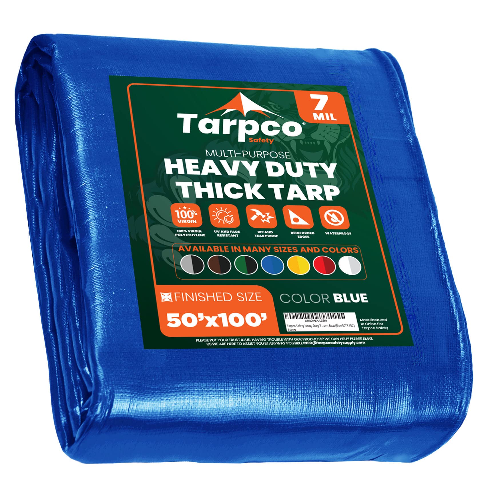 Heavy Duty 7 Mil Tarp Cover, Waterproof, UV Resistant, Rip and Tear Proof, Poly Tarpaulin with Reinforced Edges for Roof, Camping, Patio, Pool Cover, Boat (Blue 50′ X 100′)