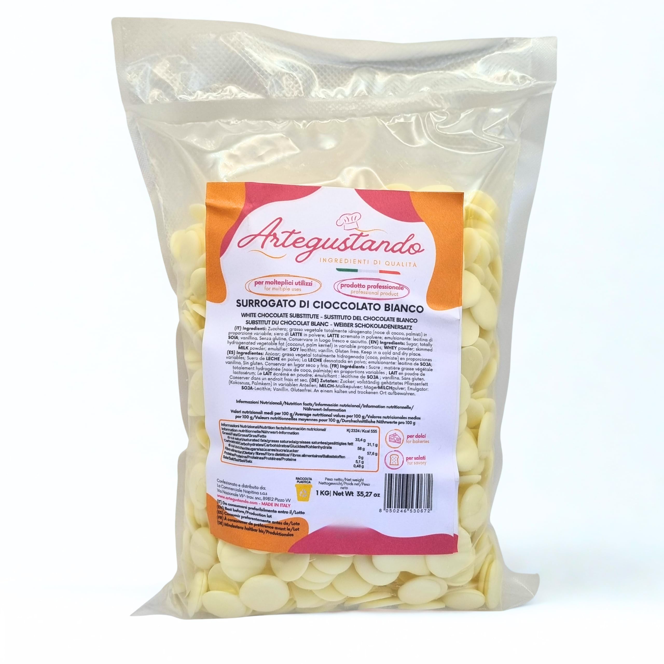 Artegustando Surrogato di Cioccolato Bianco a dischi 1 kg Professionale Alta Qualità Italiana – Senza Glutine Con Latte e Siero di Latte – Per Pasticceria e Dolci