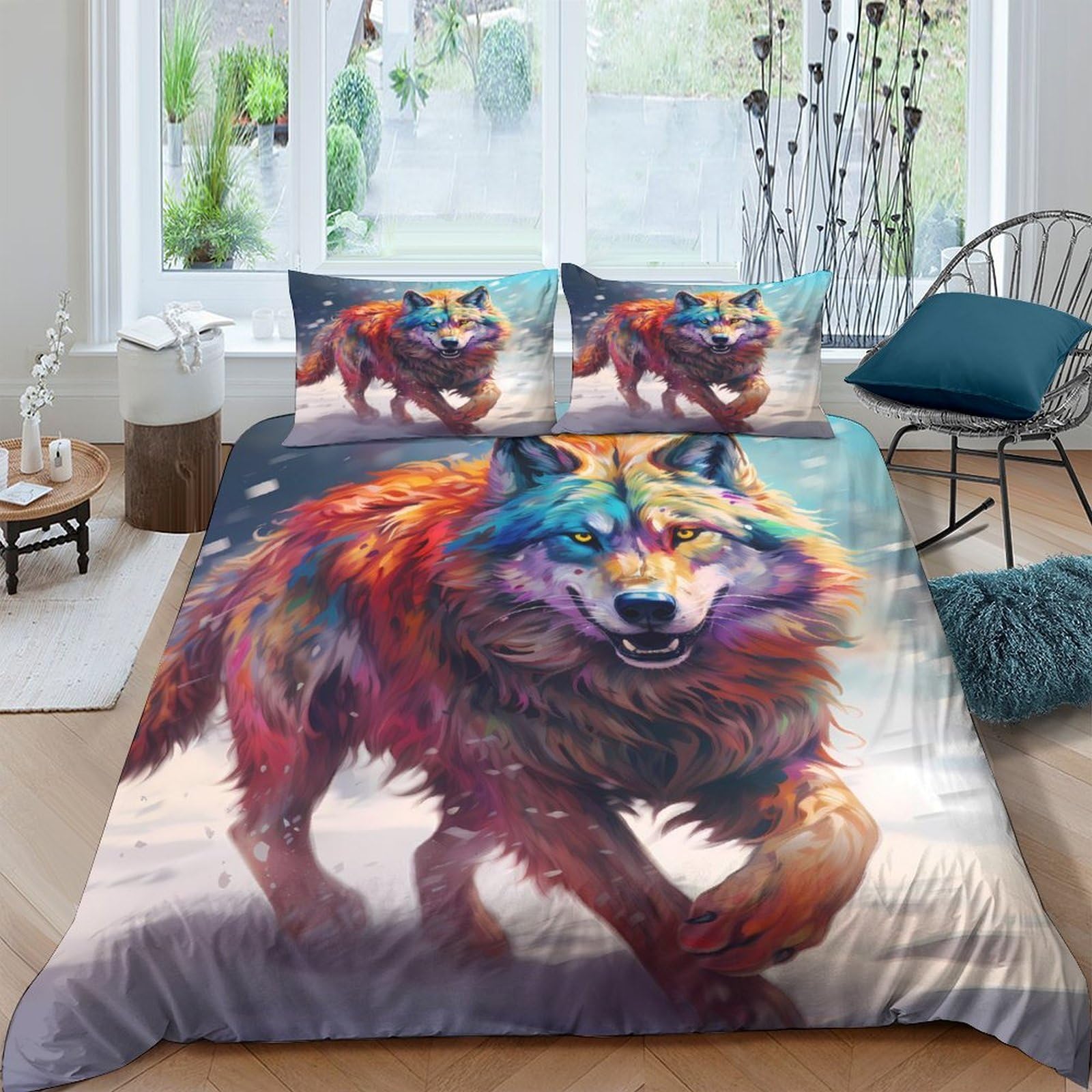 XFKLYNVCJ 3D Printed Colorful Wolf Duvet Cover Durable Fabric Artistic Digital Bed Cover Quick Drying No Iron for Student Dormitory Uni Accommodation Daily Use Single（140x200cm）