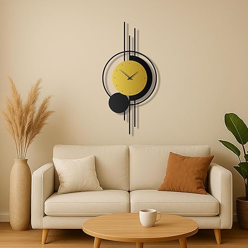 Miniatura 6 de pluviart Reloj de pared geométrico dorado y negro, reloj de metal silencioso grande, arte de pared moderno de mediados de siglo para sala de estar,