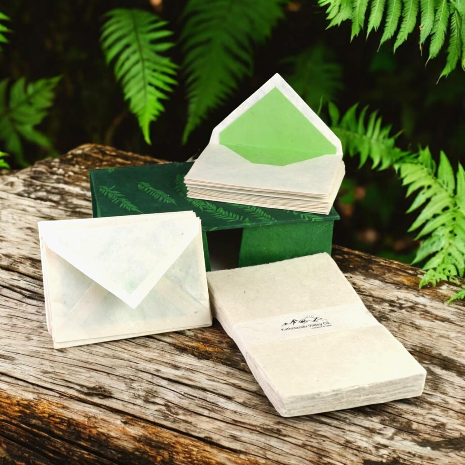 Kathmandu Valley Co. Vintage Stationery Gift Box Set with 50 Handmade A5 Deckle-edge Lokta Paper Sheets and 30 Envelopes (Forest Fern)