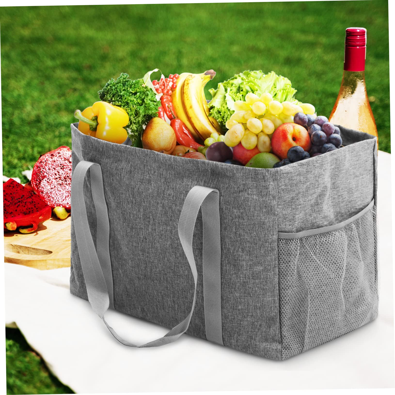 Borsa della Spesa Pieghevole in Cotone Canvas con Rivestimento, Capacità 35l, Doppie Tasche a Rete e Manici Rinforzati, per Spiaggia e Uso Quotidiano