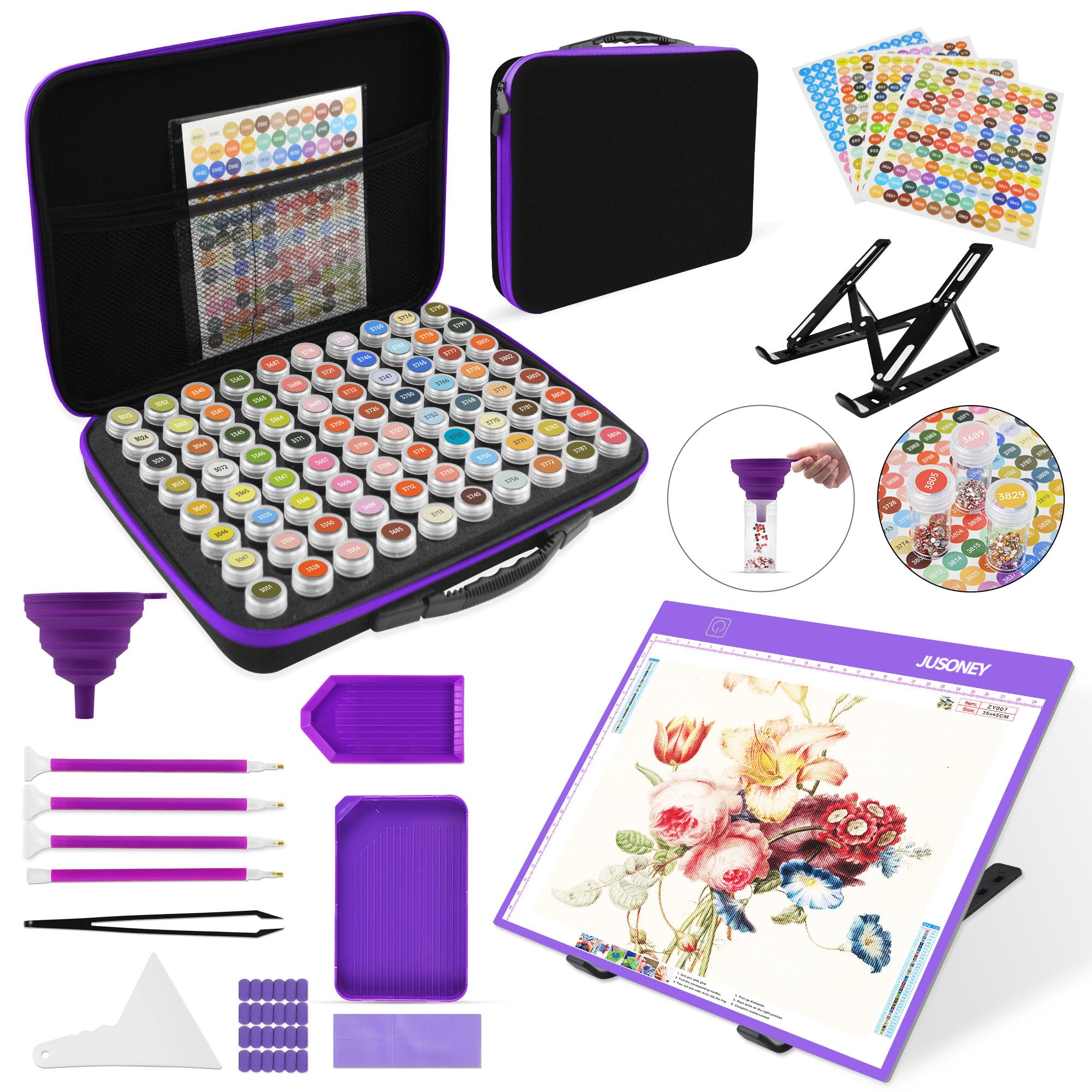 JUSONEY Diamond Painting Pudełka do przechowywania, 1 Diamond Painting A4 Tracing Lightpad z 3 Jasnością 80 gniazd Koraliki Przechowywanie z 5D Diamond Painting Akcesoria i zestaw narzędzi, fioletowy