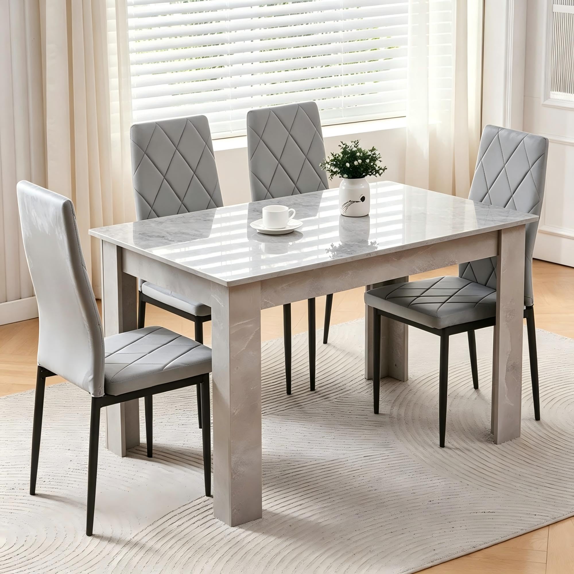 Homullel 120cm Glossing Dining Table and 4 Chairs, 4 Seater Kitchen Table and Chairs Set for Space Saving, Compact Dining Room Set for 4, 120x80 cm, Wooden, Beton Grey (4 Seaters, Flannel Gray#2)