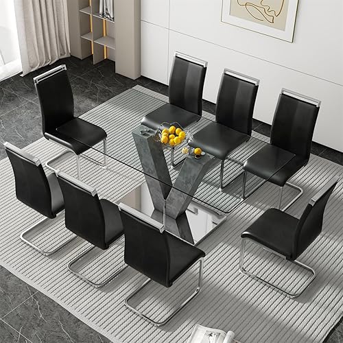 Miniatura 29 de Juego de mesa de comedor de vidrio de 71 pulgadas para 6, juego de mesa de comedor para 6, mesa de cocina moderna y 6 sillas de PU, parte superior