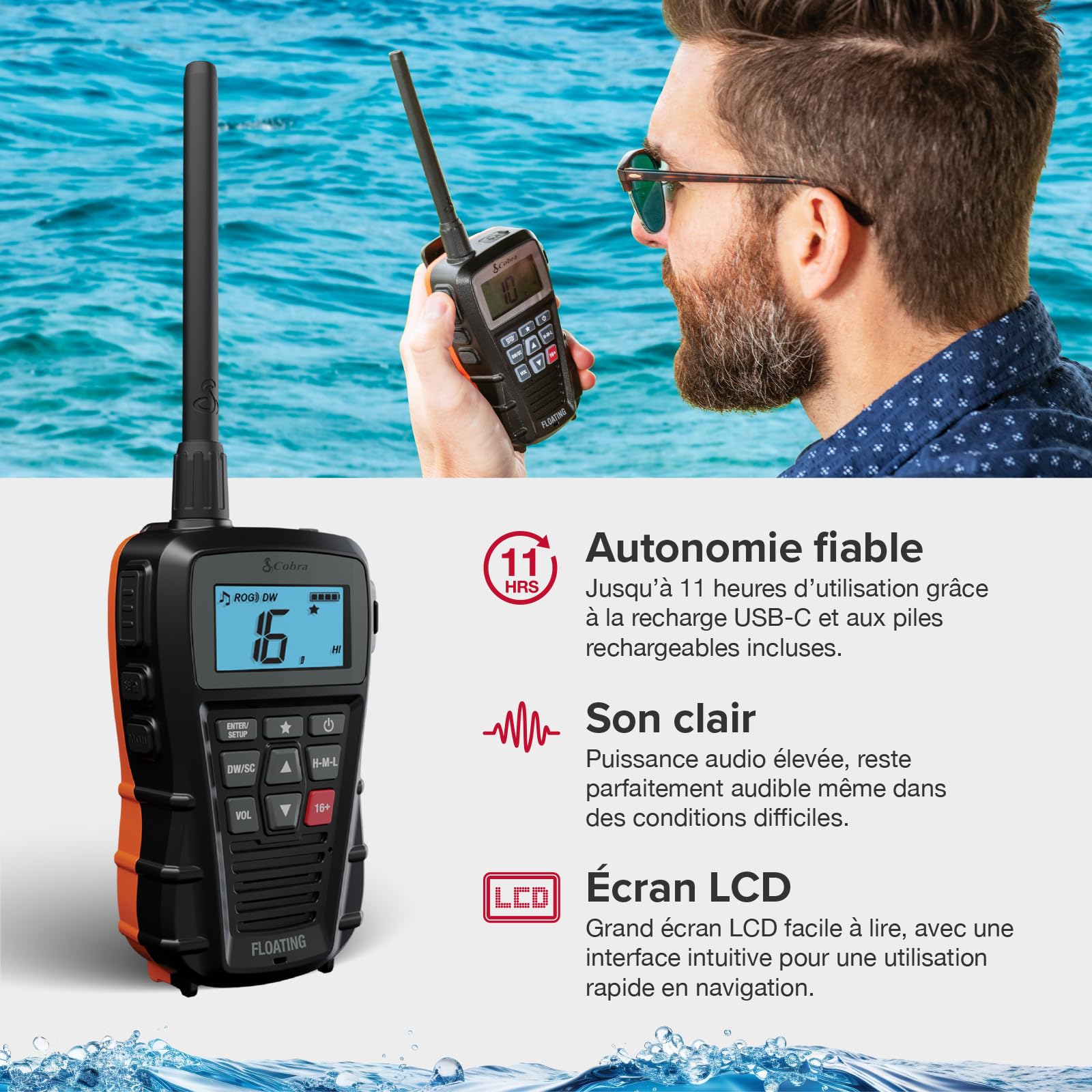 Cobra BlueBound 150 Radio VHF Marine Portable – 3 Watt, Flottant, IPX7, Submersible, Écran LCD, Clip Ceinture, Noir, 1 Pièce