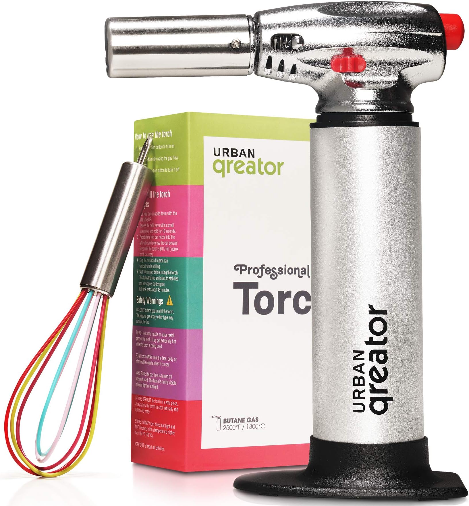 Urban Qreator Kitchen Blow Torch - Professional Refillable Aluminum Culinary Butane Torch with Adjustable Flame - Perfect for Crafts, Baking, Cooking Creme Brulee & BBQ