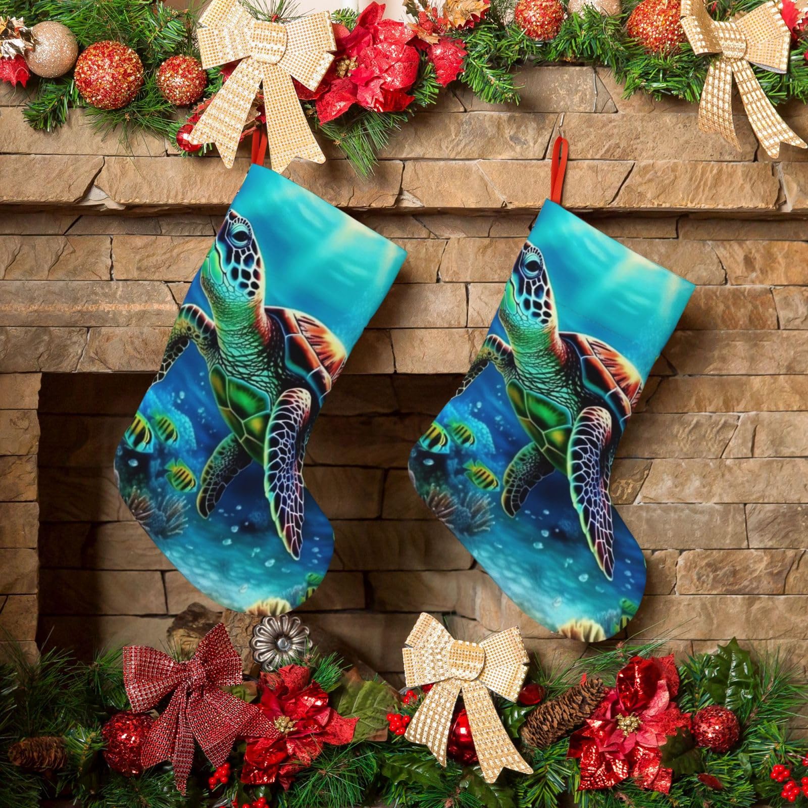KLOPH Christmas Stockings 18" Personalized Xmas Stocking Sea Turtles Diamond Painting Decoration Stocking Hanging Fireplace Stocking for Holiday Xmas Tree Christmas Fireplace Decor