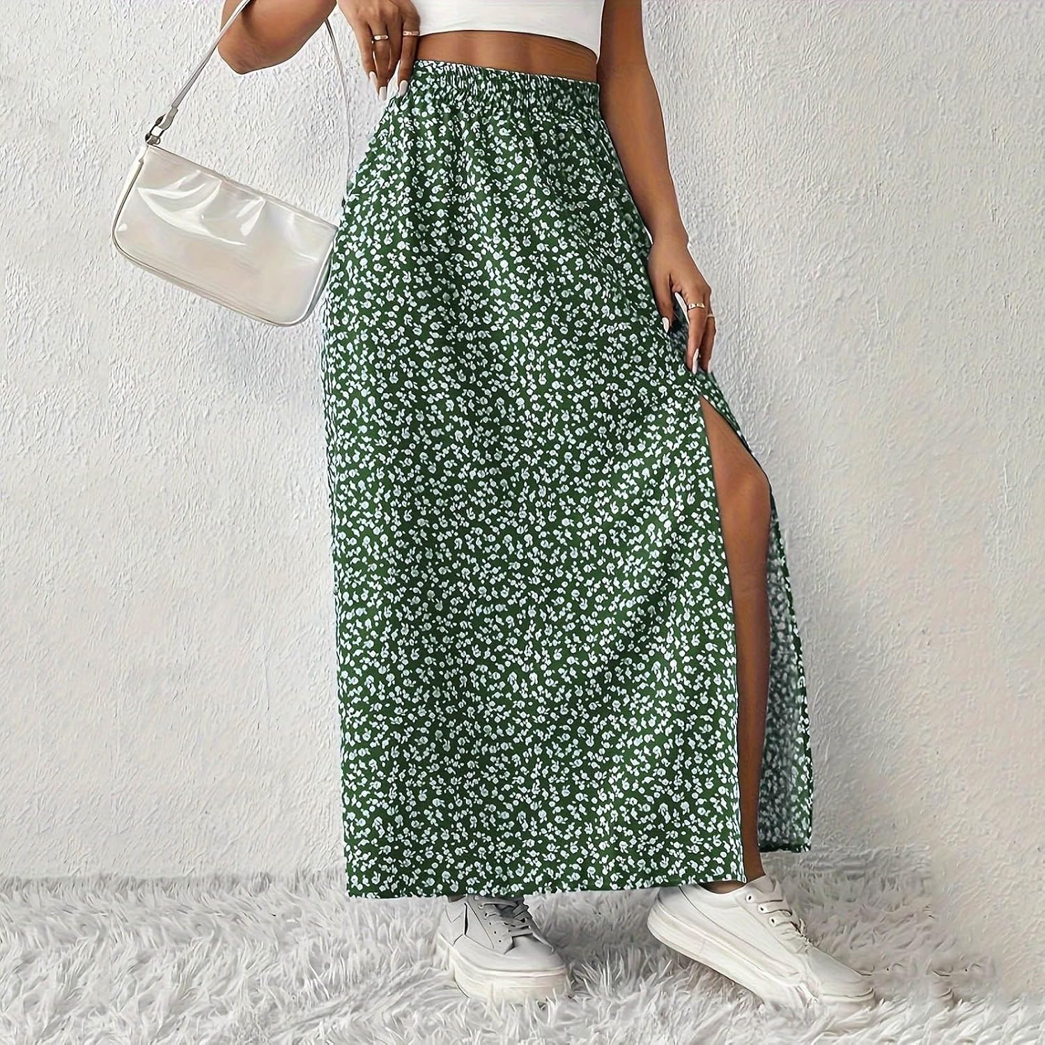 Skirts for Women Summer Boho Casual Maxi Flowy Elastic High Waist A-Line Side Split Floral Long Skirts with Pockets