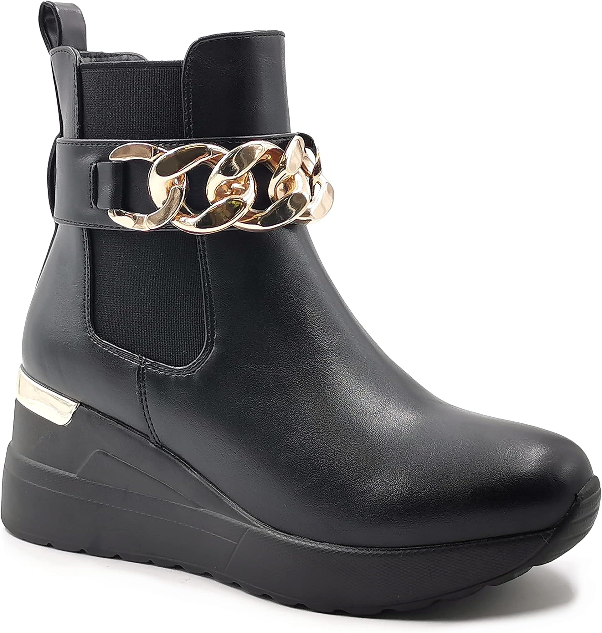 Angkorly - Women's Fashion Shoes Ankle Boots - Booty Boots - Comfy Comfortable - Platform Shoes - Glam Rock - Grained Leather - Golden Chain - Metallic Detail Flat 3.5 cm - Black 9 HQ275 T 41 - UK 8