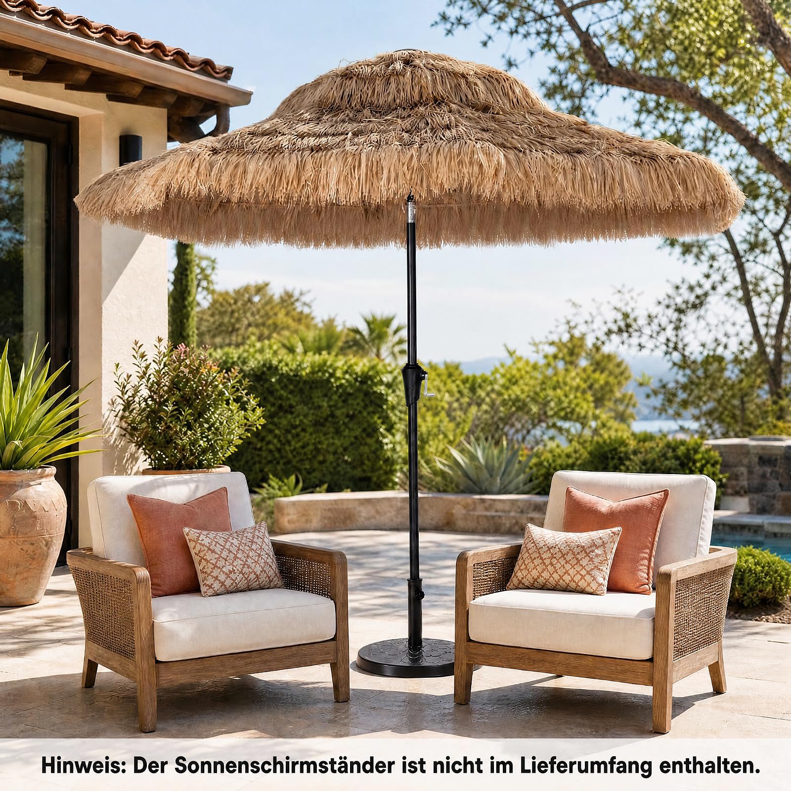 COSTWAY Sonnenschirm Hawaii 250 cm, Gartenschirm mit Kurbel, Strohschirm | Stroh Strandschirm, beidseitig um 30° knickbar, Marktschirm, Terrassenschirm für Garten, Balkon, Terrasse