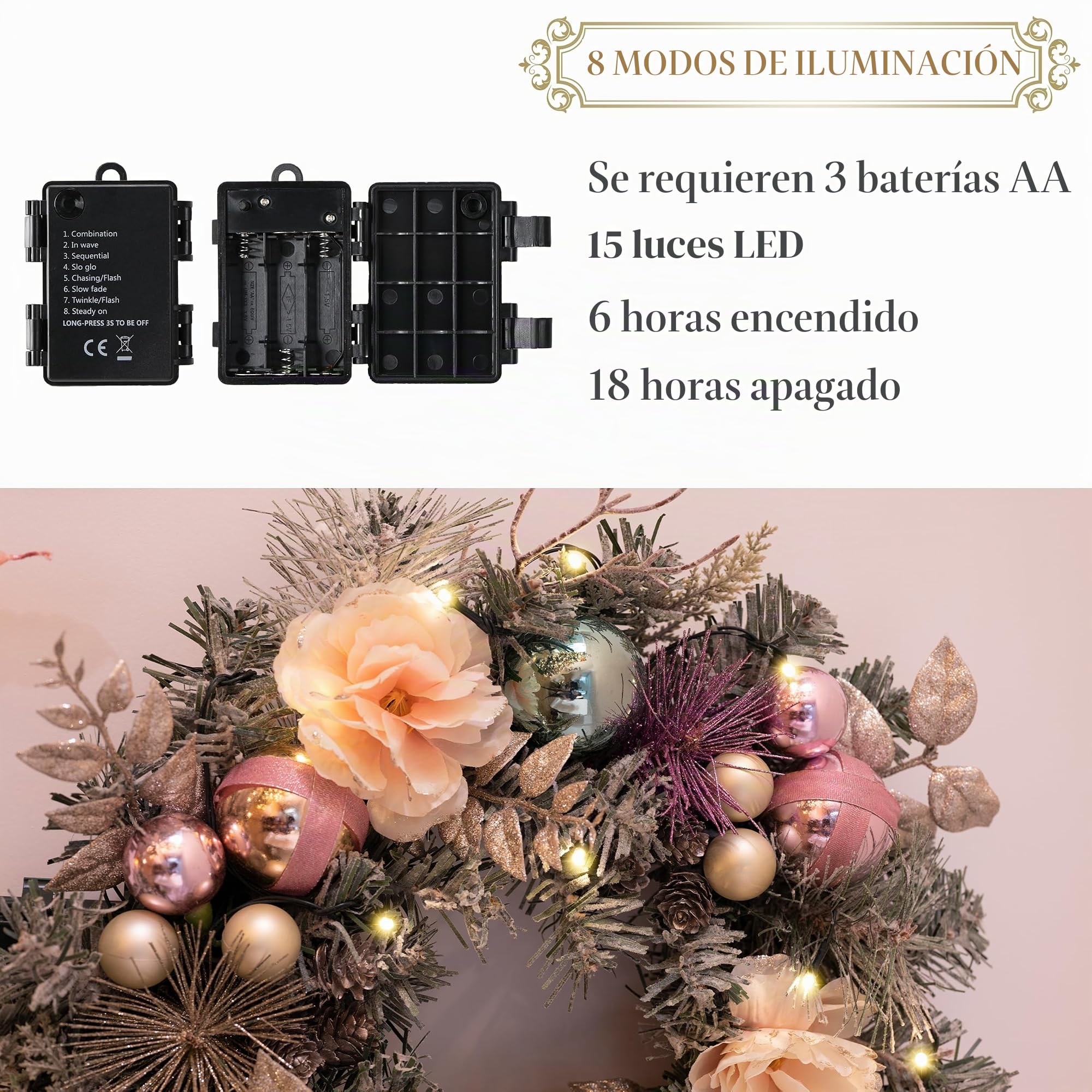 Valery Madelyn 18 Inch/46cm Corona de Navidad para la Puerta de Entrada con Sueño Brillante, Corona de Rosas y Oro con Luces LED Función de Temporizador Decoración para Fiestas de Navidad