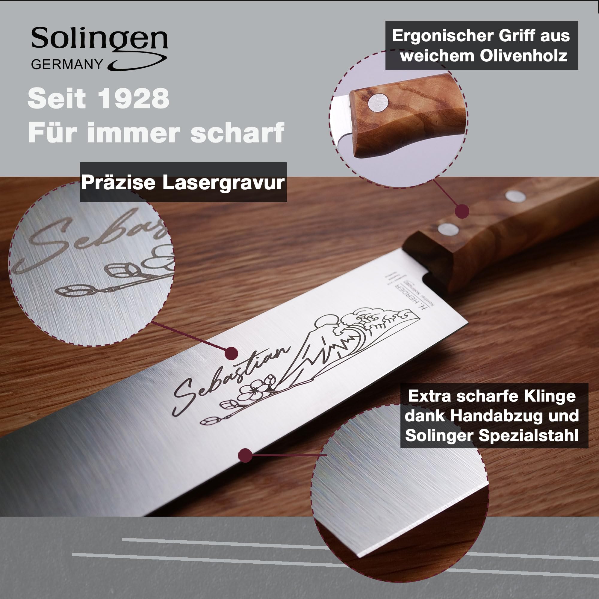 LOOXIS Personalisiertes Santokumesser mit Namen Graviert - H. Herder, Solingen, 17 cm Klinge, Made in Germany, handgeschliffen, Olivenholzgriff, Geschenk für Männer Weihnachten, Geburtstag, Vatertag
