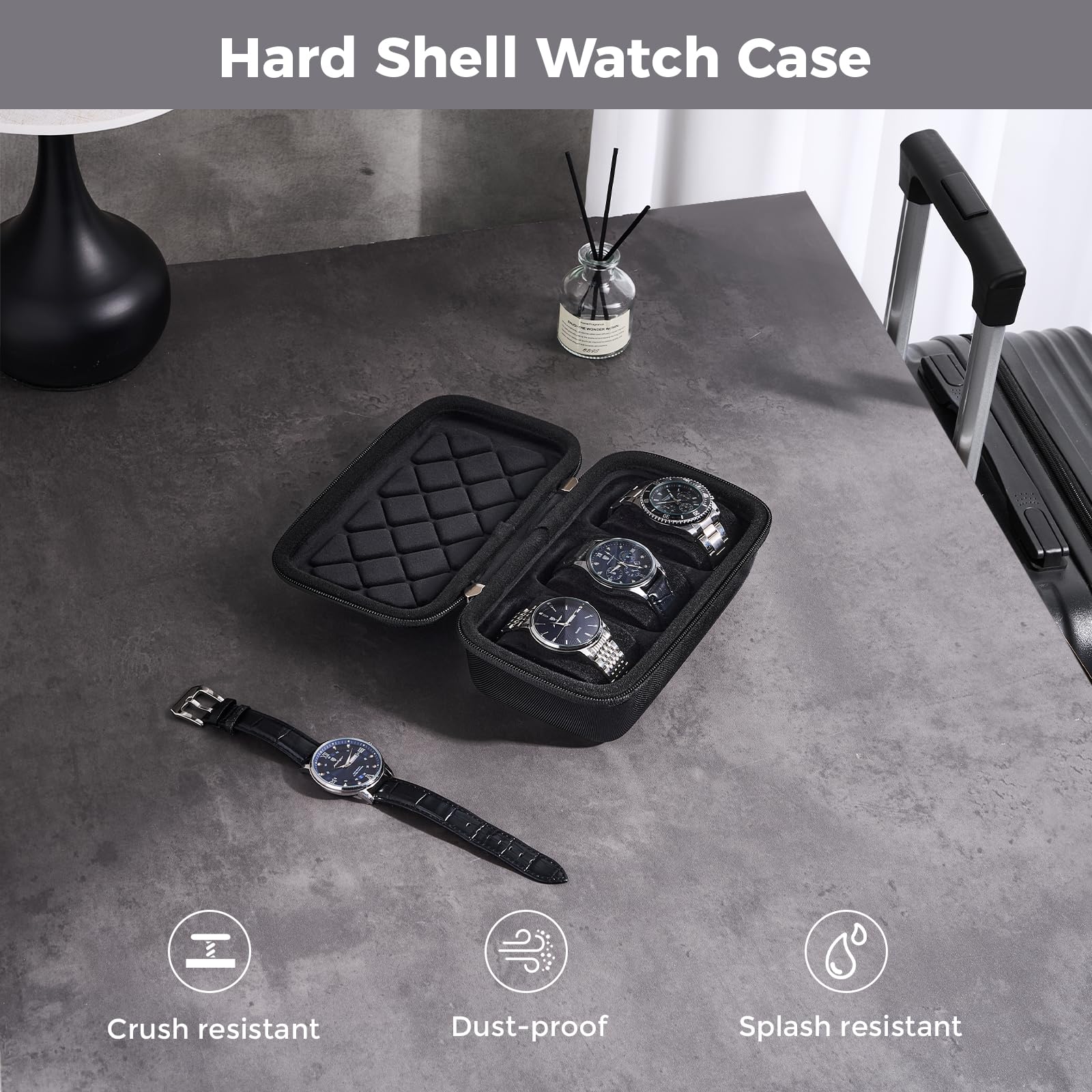 ProCase Porta Orologi da Viaggio con 3 Slot - Custodia Rigida Organizer per Bracciali e Accessori, Borsa con Cerniera per Uomo e Donna, Nero