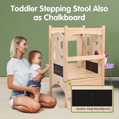 Miniatura 6 de Taburete de cocina para niños pequeños, torre plegable para niños pequeños con diseño protector de cuatro lados, torre de aprendizaje Montessori con