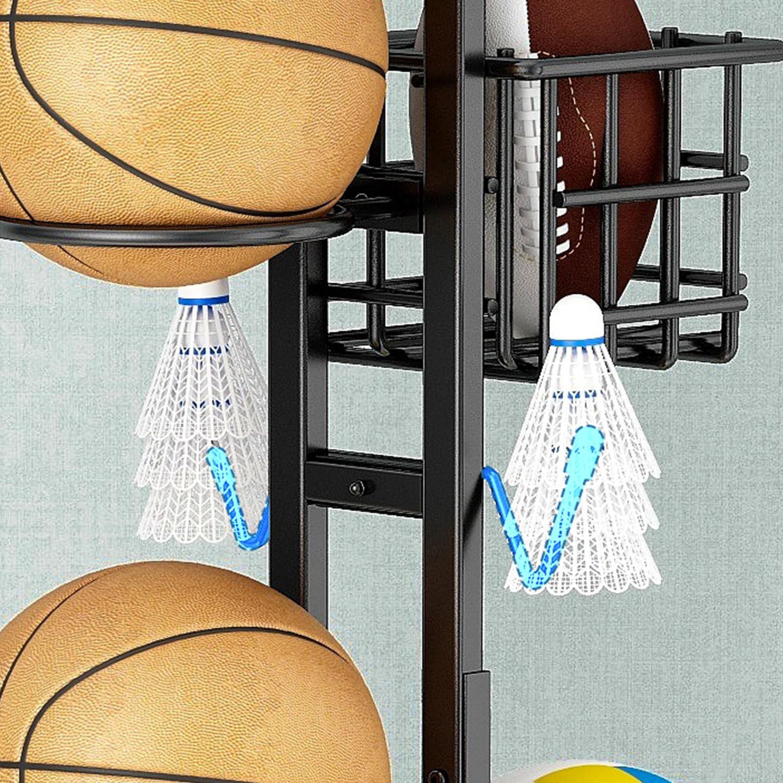 Soporte de bolas para rodamientos verticales rack baloncesto almacenamiento multicapa con cesta y ganchos