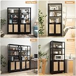 SICOTAS Bookshelf 5 Tier Book Shelf Rattan Boho Tall Bookcase with Doors Storage Wood Shelves Large Bookshelves Farmhouse Bookcases Library Book Case for Living Room (Black Oak, 1 Piece)