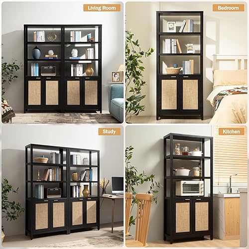 Miniatura 7 de SICOTAS - Estantería de ratán alta estilo bohemio con puertas y 5 niveles, estante de madera grande estilo casa de campo, para sala de estar,