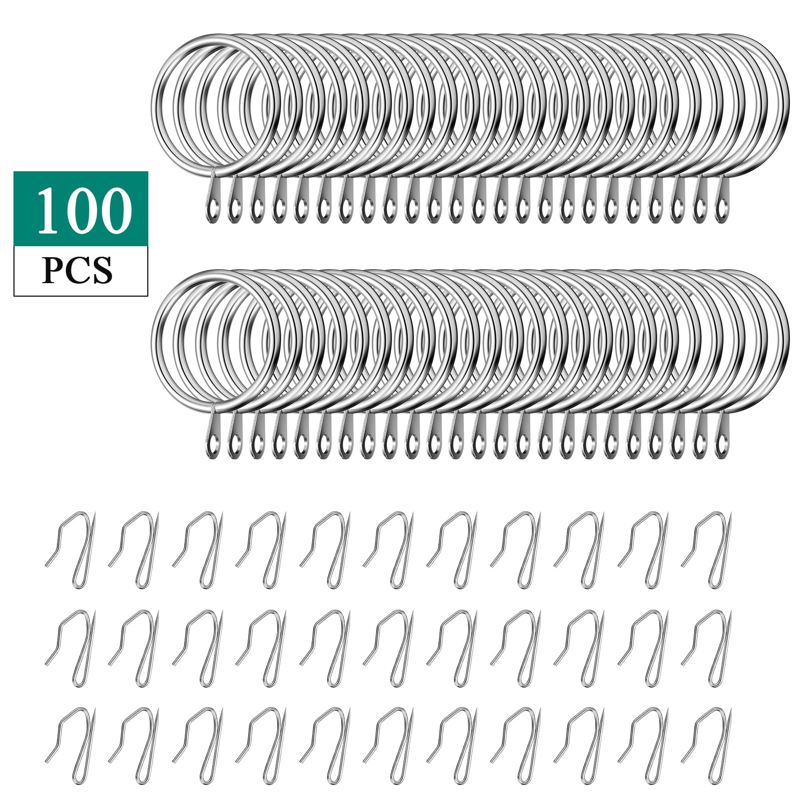 Qunclay Lot de 100 Attache Rideau Accroche Rideau Anneaux de Rideaux en Métal avec Œillets pour Rideaux et Rideaux en Métal pour Fenêtre, Porte de Douche, Anneaux de Rideau de Douche (Argent, 4,1 cm)