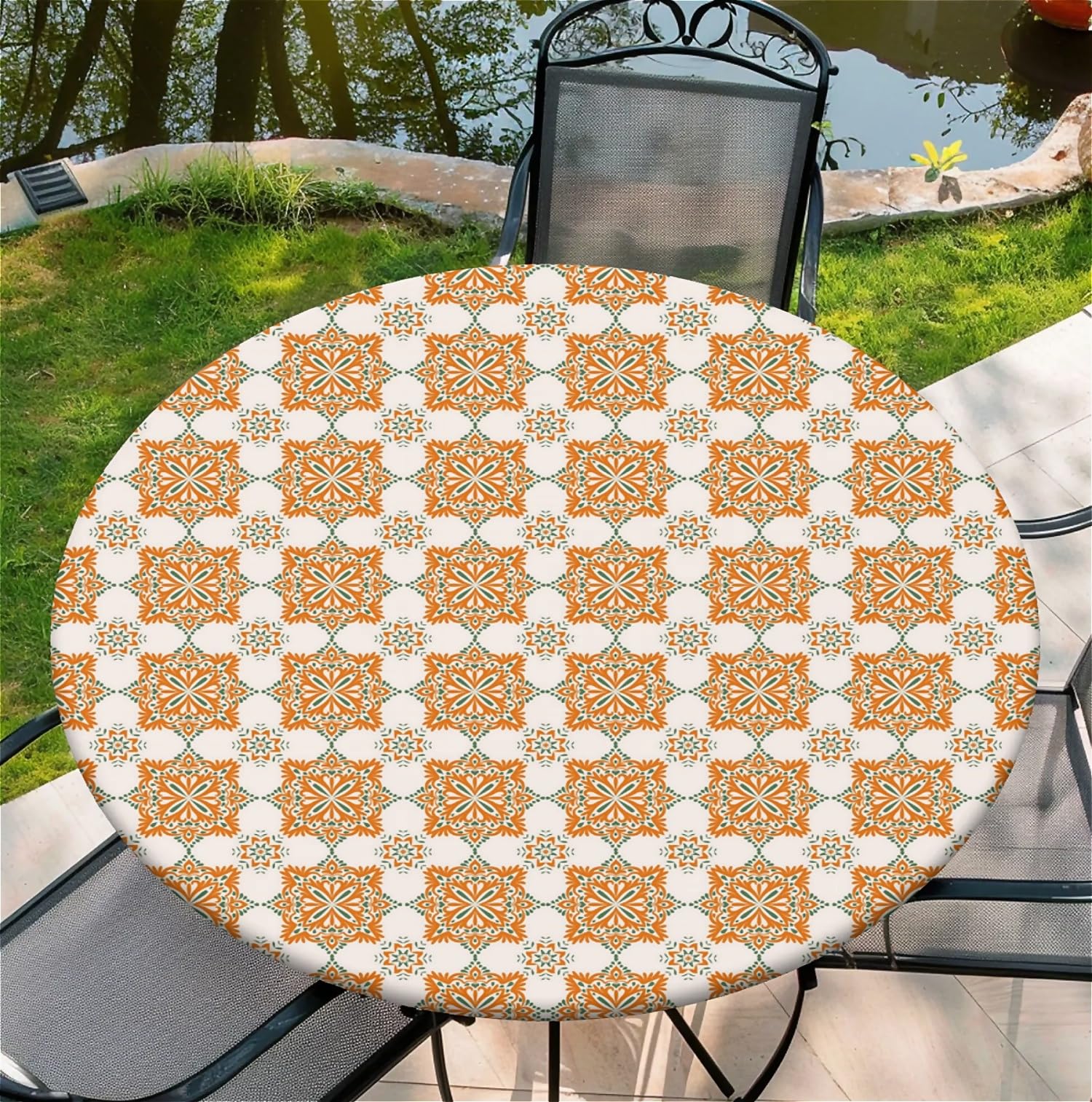 Waterproof Round Tablecloth with Elastic Edge, Boho Moroccan Tile Pattern Table Protector for Indoor Outdoor Use, Kitchen Dining Room Party 60" (140-150cm)