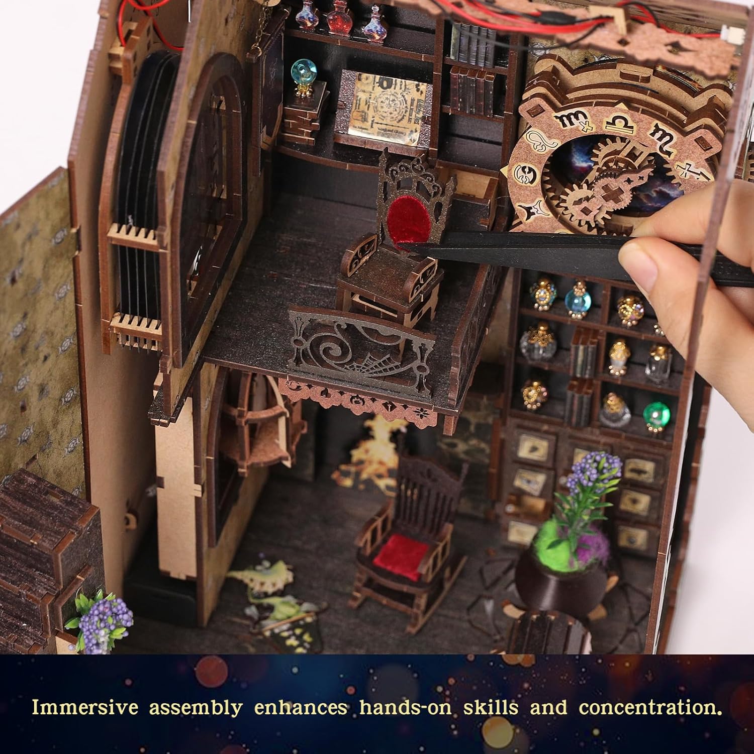 HANTAJANSS DIY Magic Station Book Nook Kit with LED Infinity Effect - 3D Wooden Puzzle Bookshelf Insert for Adults, Miniature Room Decor Craft Gift