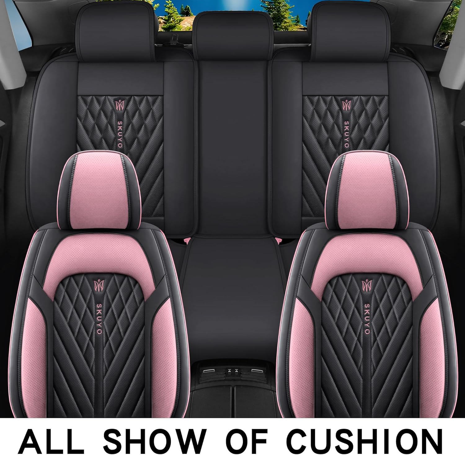 Comfortable Leather Auto Car Seat Covers Front & Rear Seat Protector Fit Sedan SUV 5 Seats Full Set Universal Fit. (Black & Pink)