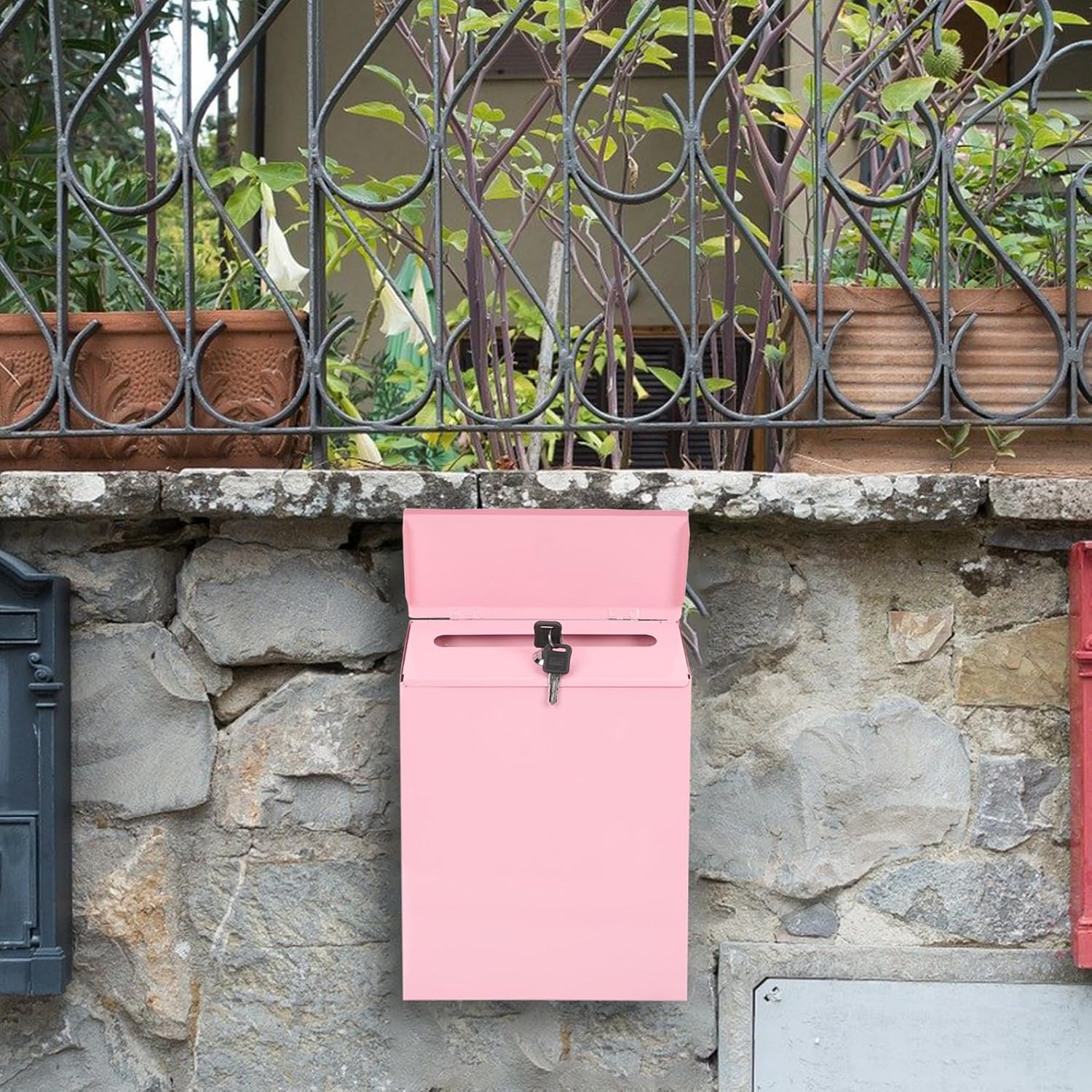 Creative Pink Iron Wall-Mounted Mailbox with Lock, Multi-Function Household Suggestion Box and Convenient Mail Accessory for Home and Office Use