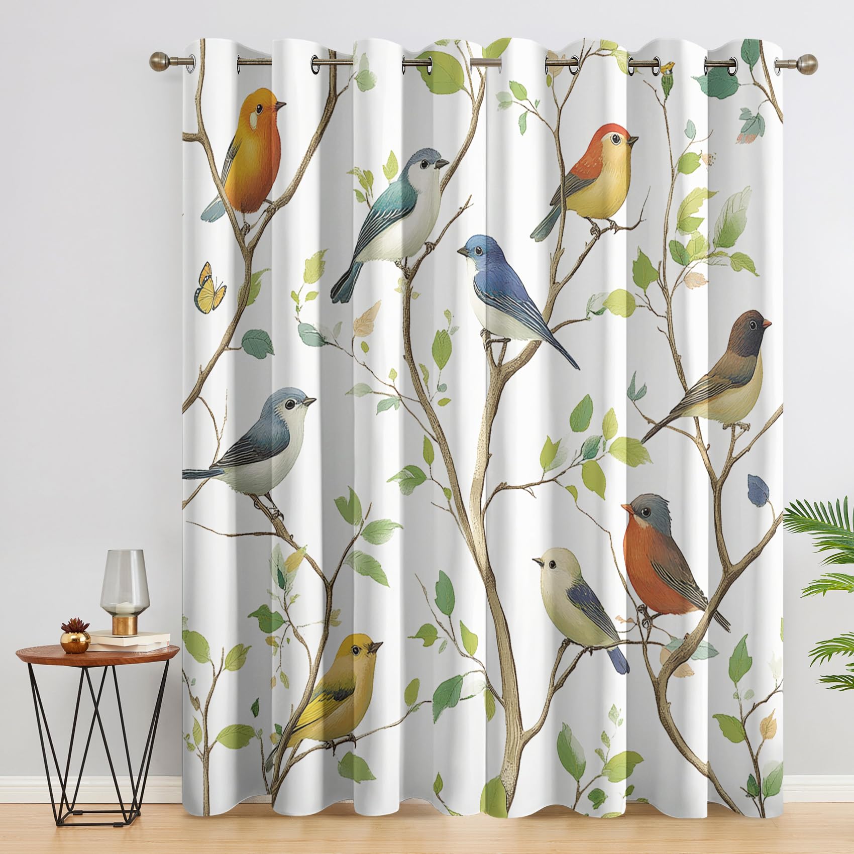 Bird Curtains, Bird on a Branch Blackout Curtains for Bedroom Living Room, 54 Inch Drop Drapes, Eyelet Thermal Curtains, Window Treatments, 2 Panels