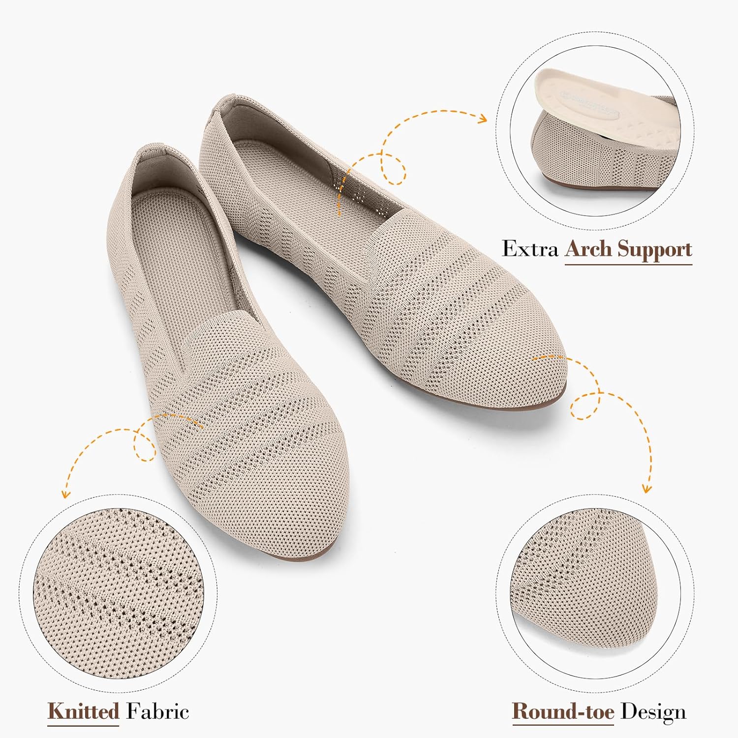 Puxowe Flats for Women Round Toe Flat Knit – All-Day Comfort & Arch Support, Women's Flat Shoes Dressy Ballerina, Slip-On Shoes for Work, Travel, Foldable Washable