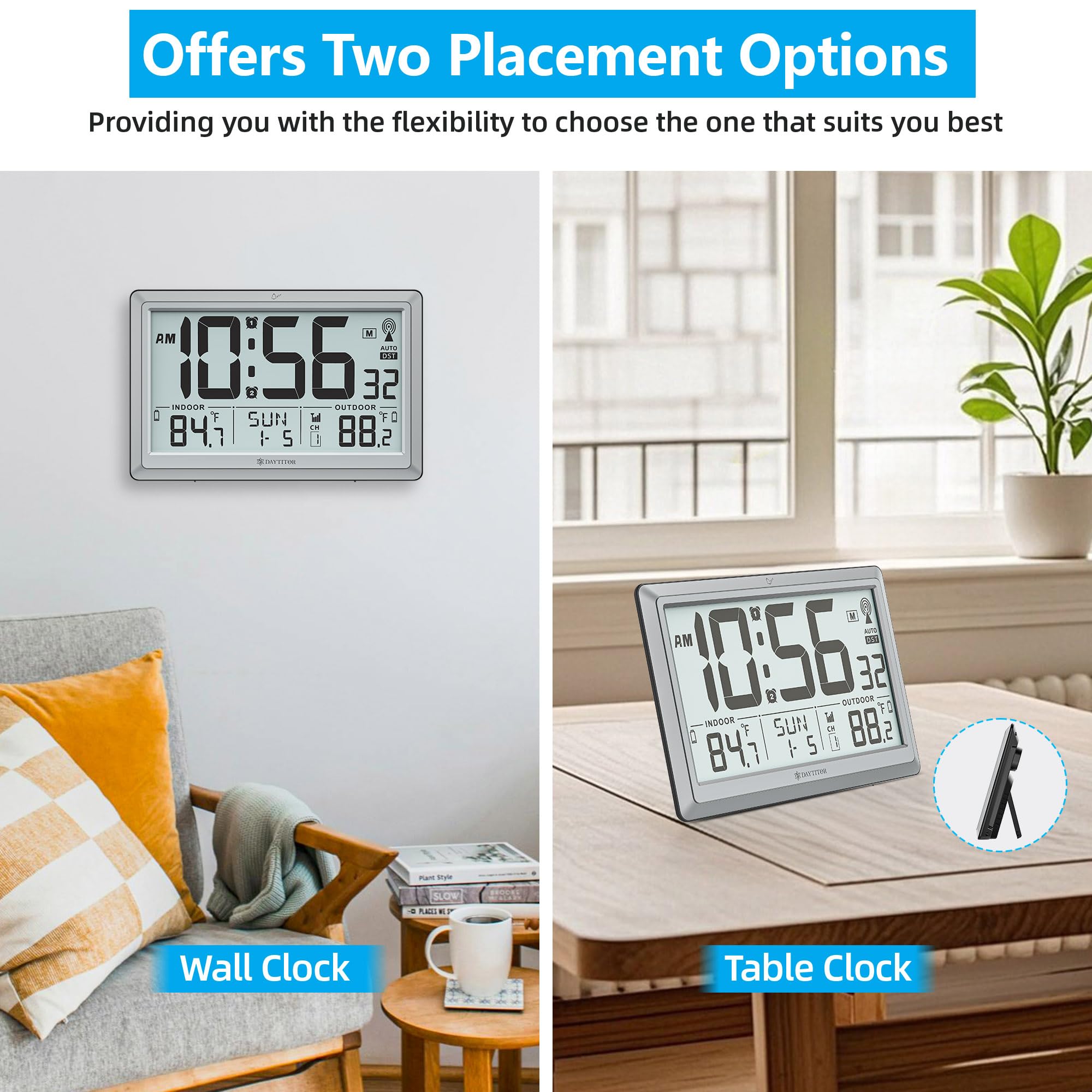 Orologio atomico con temperatura interna/esterna, orologio digitale automatico a batteria, grande display da 10,5 pollici, orologi da parete o da scrivania per camera da letto, soggiorno
