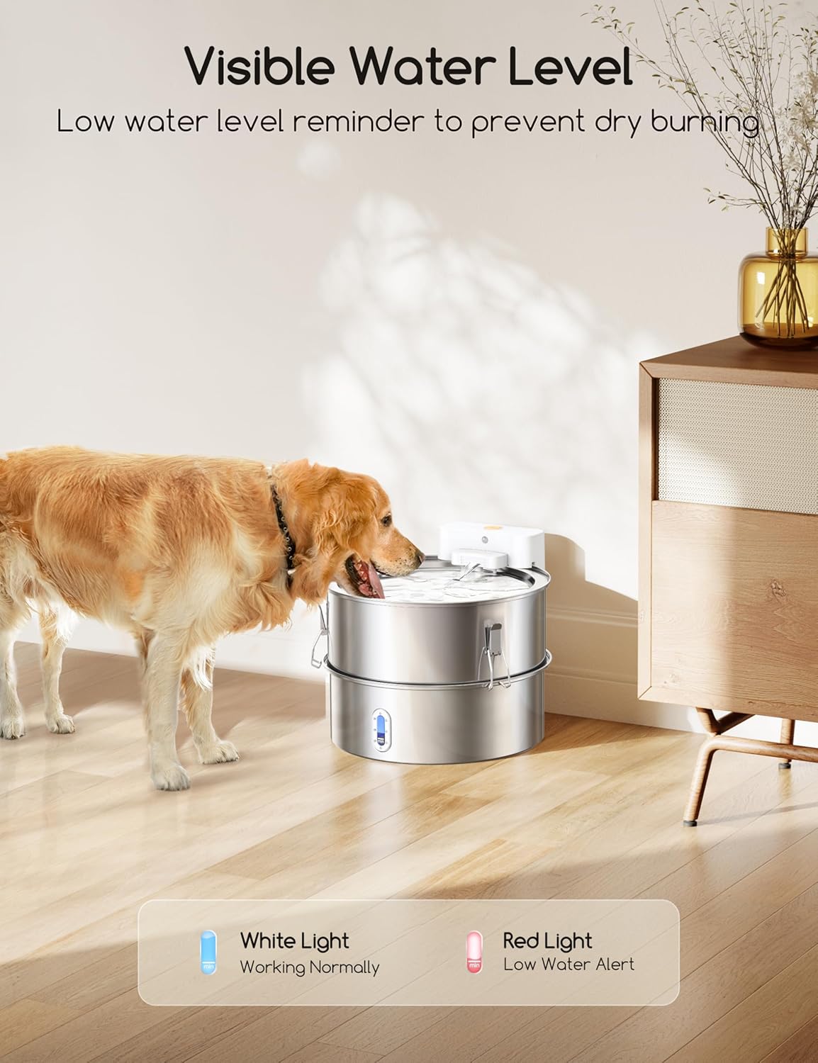 Meowant water fountain with 5000mAh battery icon, indicating long battery life