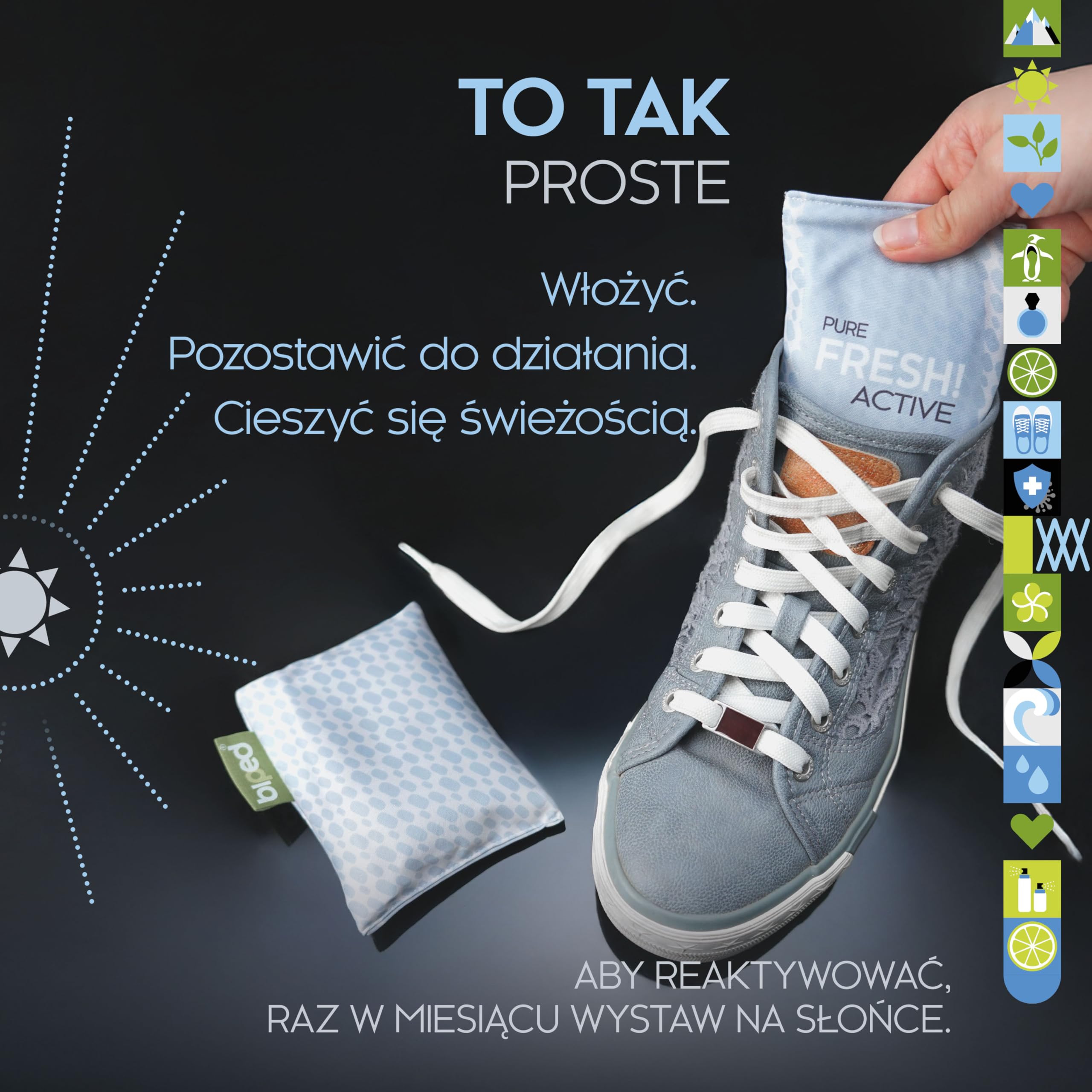 biped FRESH! ACTIVE – dezodorant do butów z bambusowym węglem aktywnym – poduszka zapachowa lub wersja PURE bez olejków – ogranicza pot i nieprzyjemny zapach, działa osuszająco z2926(PURE)