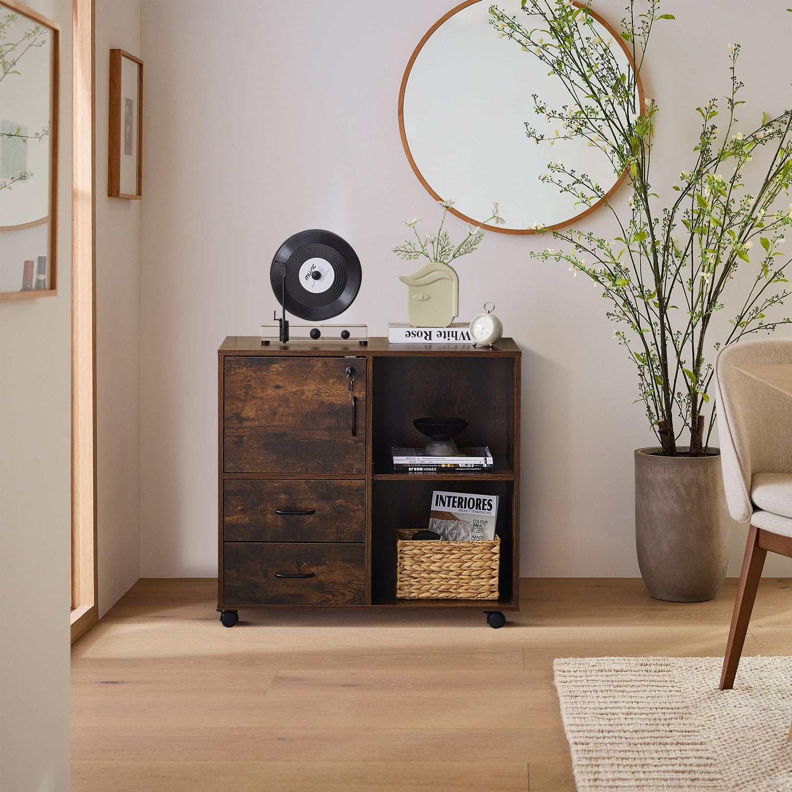 TUKAILAi Caisson de Bureau à 3 Tiroirs, Support Imprimante Mobile avec roulettes, Armoires de Rangement avec Étagères Ouvertes pour Format A4 Style Industriel (Marron Rustique)