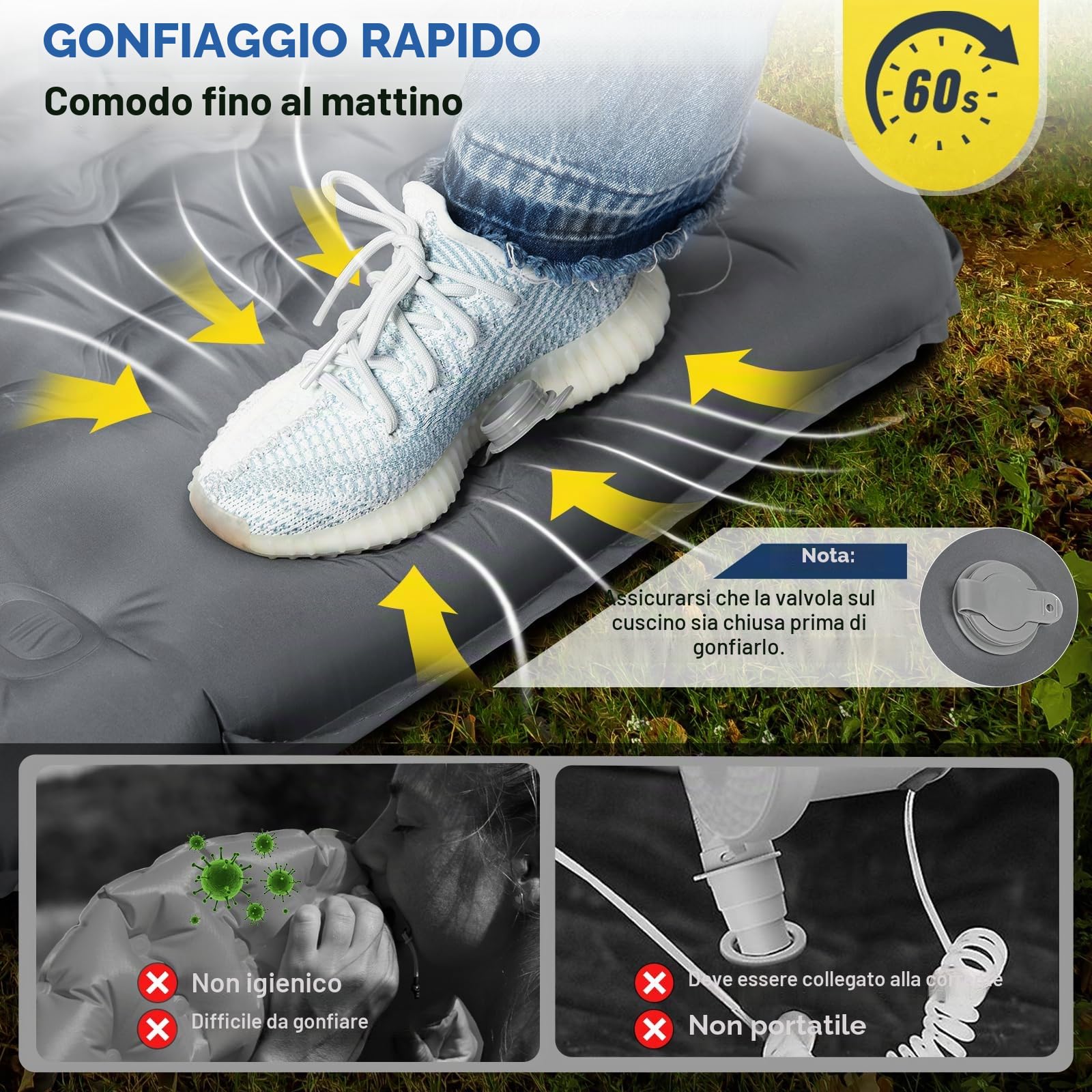 HIKENTURE Materassino autogonfiante, 13 cm, ultra spesso, da campeggio con cuscino, dimensioni ridotte, ultra leggero, con pompa a piedi, per esterni, escursioni, tenda – grigio