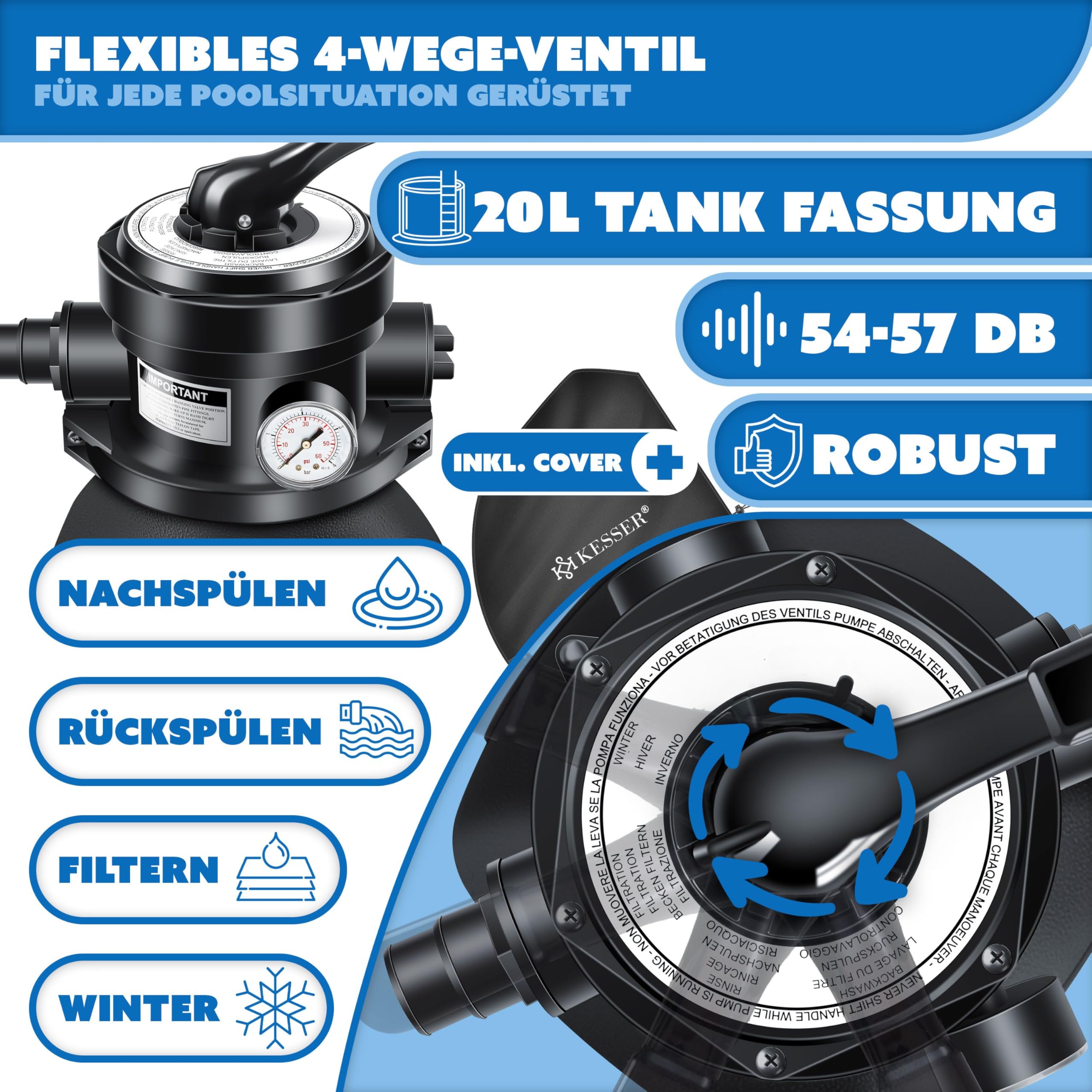 KESSER® Filtro a Sabbia - Sistema di filtraggio a Sabbia + 700 g di Sfere filtranti sostituiscono 25 kg di Sabbia filtrante per Piscine - Filtro per Piscine 10 mġ/h - Sistema filtrante