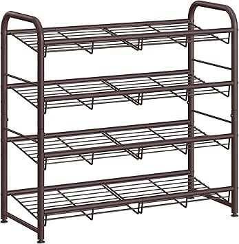 SONGMICS Stackable Shoe Rack, 4 Tier Metal Shoes Rack Storage Shelf, Holds up to 16 Pairs Shoes, Adjustable Slanted Shelves T