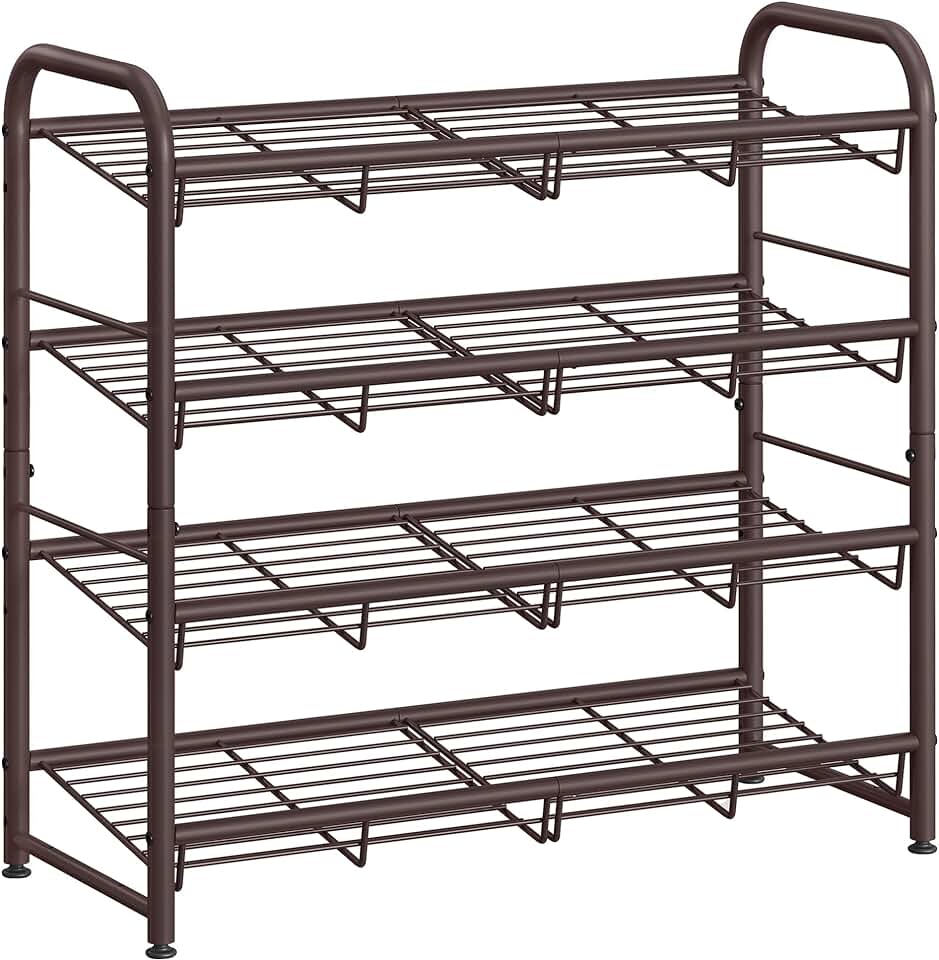 SONGMICS Stackable Shoe Rack, 4 Tier Metal Shoes Rack Storage Shelf, Holds up to 16 Pairs Shoes, Adjustable Slanted Shelves Tower 