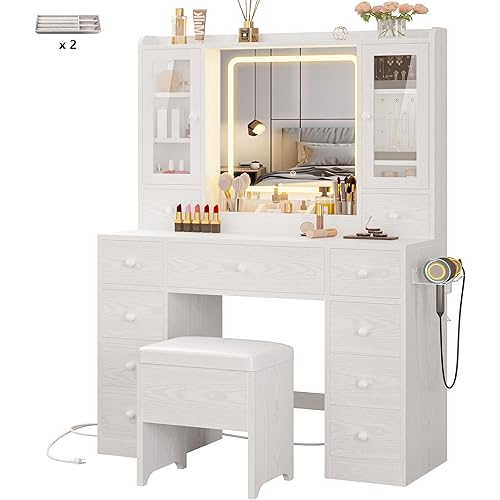 IRONCK Vanity Desk with LED Lights Mirror and Charging Station, Makeup Vanity Table with Jewelry Armoire, Storage Bench, and 11 Drawers, White