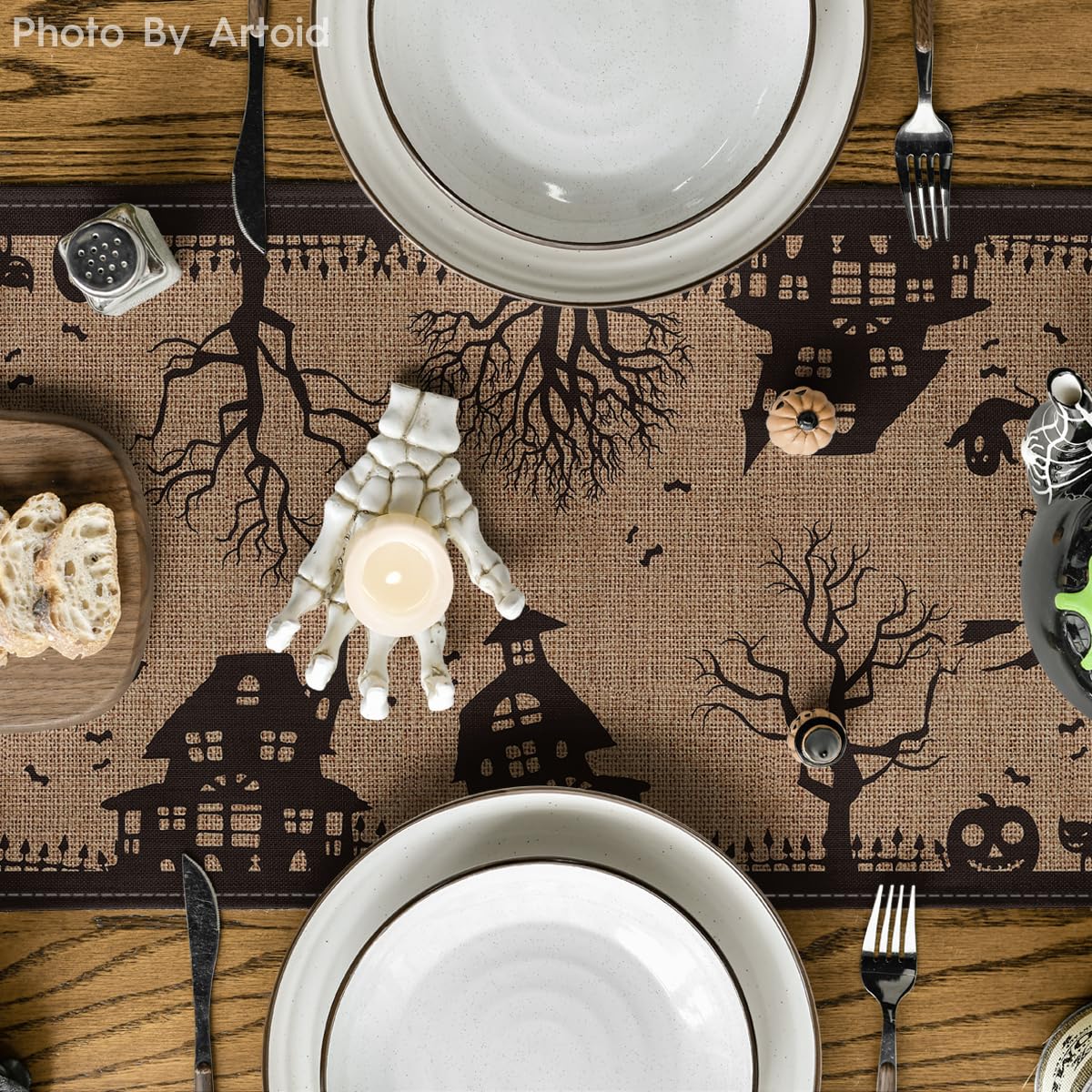 Halloween Table Runner - 13x72 Inch Spooky Haunted House Design, Polyester Kitchen Dining Decor
