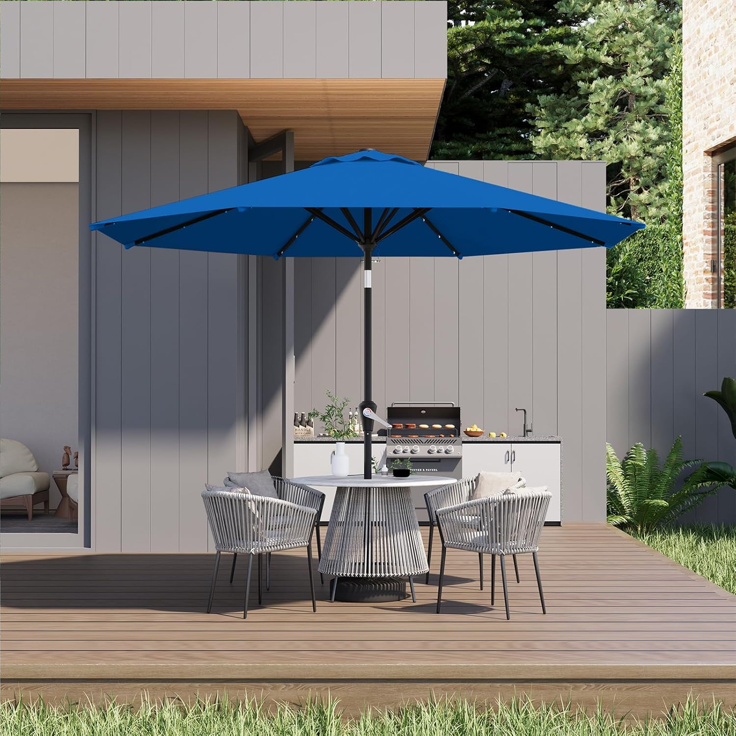 AreShark 9FT Solar Umbrella 32 LED Lighted Patio Umbrella Table Market Umbrella w/Tilt and Crank Outdoor Umbrellas for Garden, Deck, Backyard, Pool and Beach, Deep Blue - Image 6