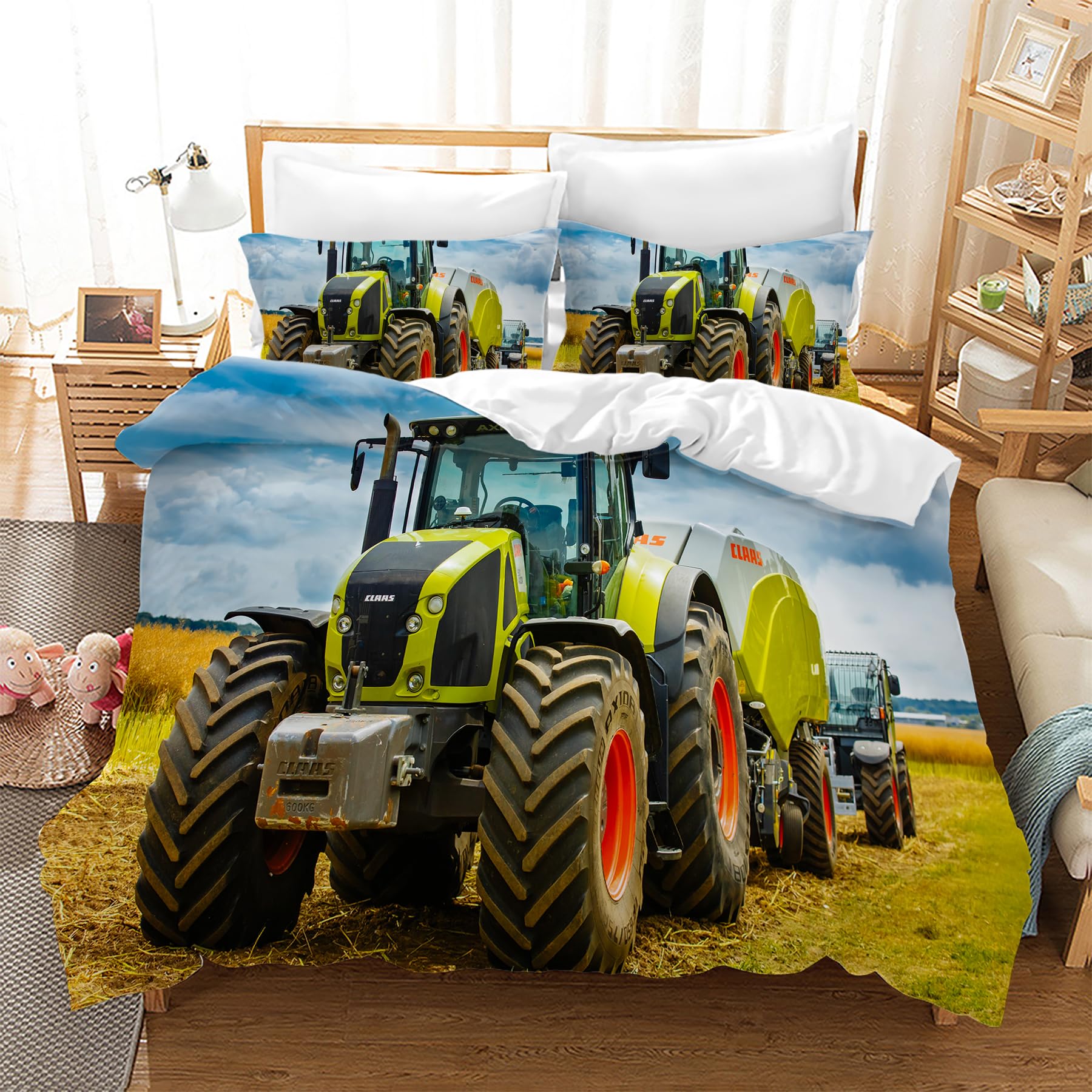 CXYXHW Tractorbeddengoedset, 3D-print, tractorpatroon, kinderbeddengoed, microvezel dekbedovertrekken, 3-delig met ritssluiting, voor kinderen, jongeren en jongens (tractor 1, 220 x 240 cm