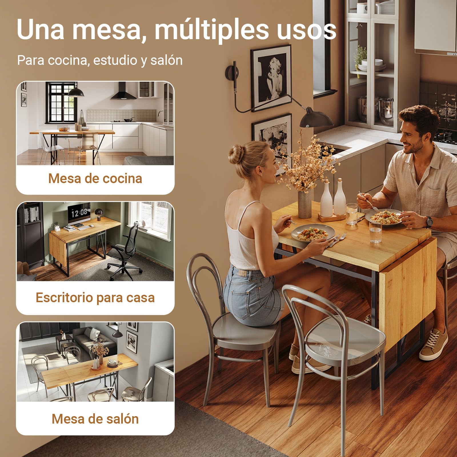 SoBuy Mesa Plegable y Extensible para 2-8, 65x(110-200) x76cm | Mesa de comedor ahorra espacio, tablero efecto madera estable y estructura metálica, para cocina, comedor y oficina, FWT113-N