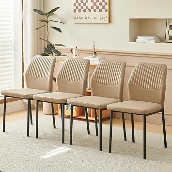 Homedot Dining Chairs Set of 4, Modern Mid-Century Kitchen Chairs Upholstered Leather PU Beige Living Room Chairs Comfortable, Metal Legs